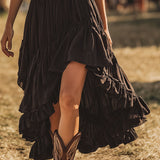 Dakota – Vestido longo preto sem mangas com babados e detalhes plissados