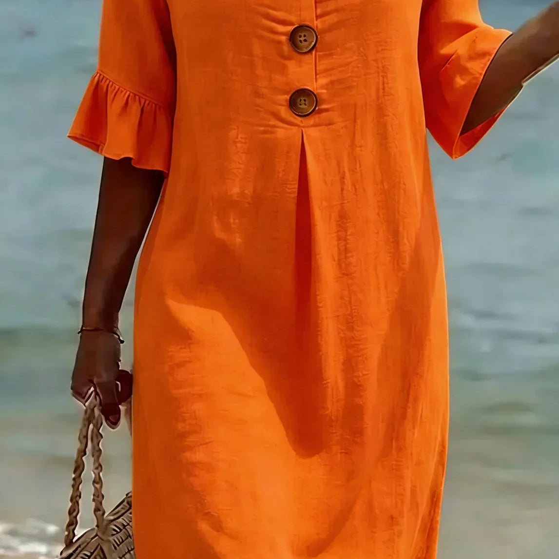 Vanesa | Vestido com textura de linho com manga bufante e botões para Mulher