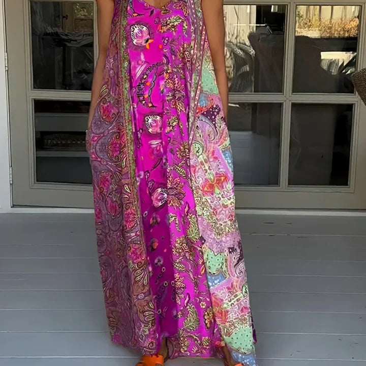Andrea - Vestido casual com decote em V e estampado de blocos de cores