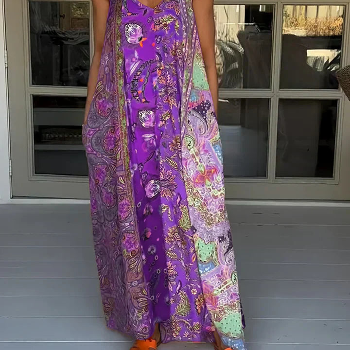 Andrea - Vestido casual com decote em V e estampado de blocos de cores