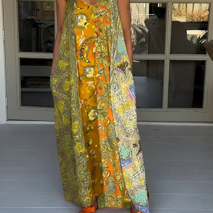 Andrea - Vestido casual com decote em V e estampado de blocos de cores