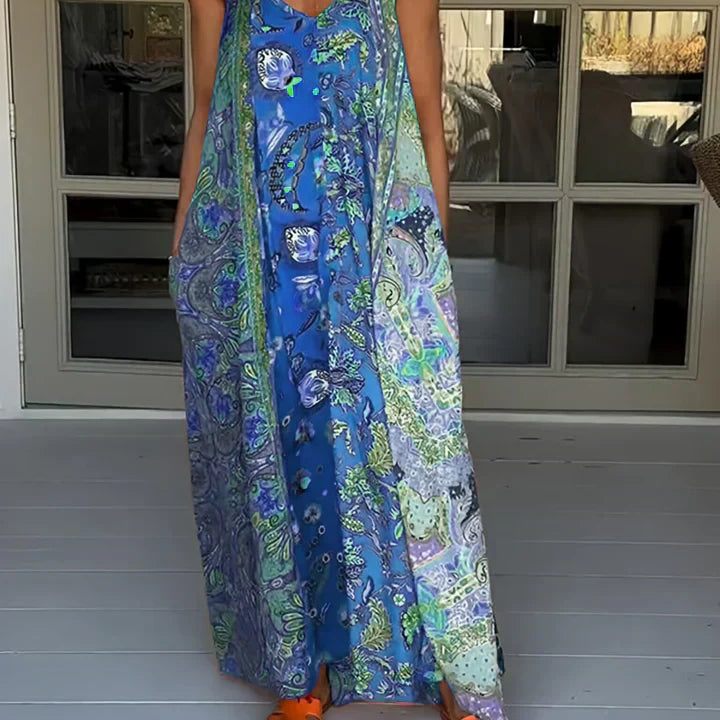 Andrea - Vestido casual com decote em V e estampado de blocos de cores