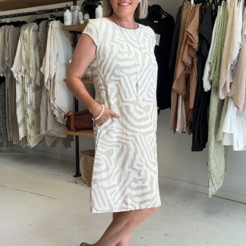 Nelia| Vestido de verão com gola redonda e linda estampa para Mulher