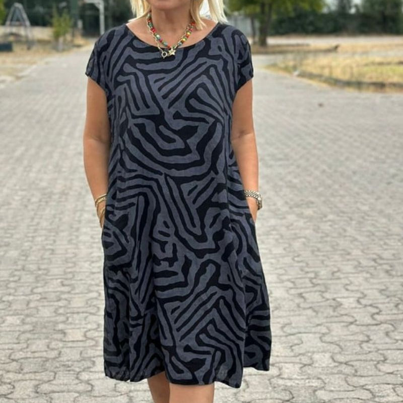 Nelia| Vestido de verão com gola redonda e linda estampa para Mulher
