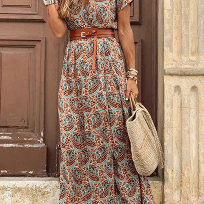 Irina - Vestidos de corte em A com estampado elegante, sem cinto e com decote em V