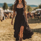 Dakota – Vestido longo preto sem mangas com babados e detalhes plissados