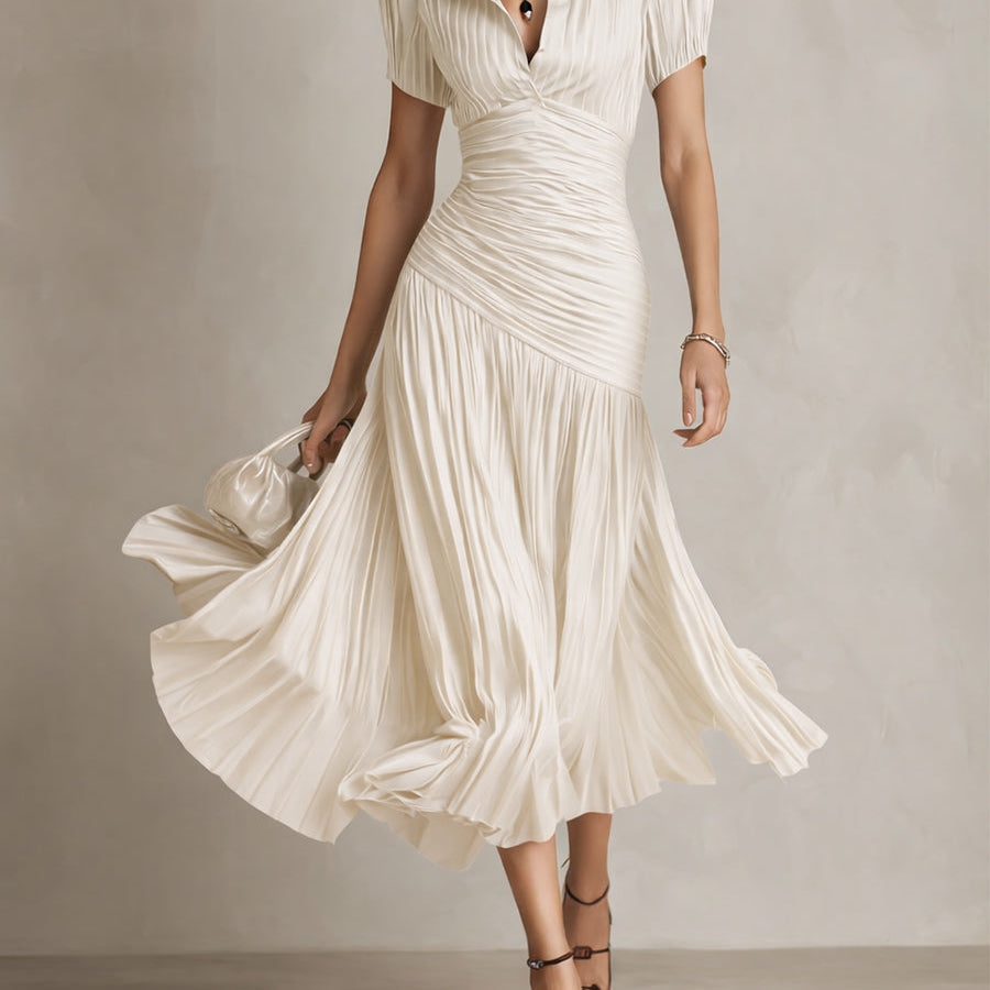 Adriana | Vestido midi satinado de riscas retro para Mulher