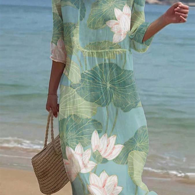 Carla - Vestido casual com gola redonda e mangas médias e estampa floral