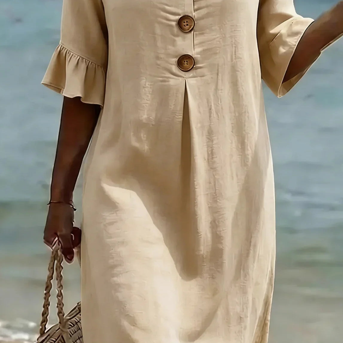 Vanesa | Vestido com textura de linho com manga bufante e botões para Mulher