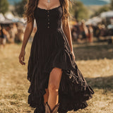 Dakota – Vestido longo preto sem mangas com babados e detalhes plissados