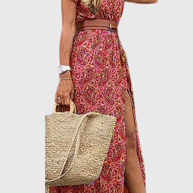 Irina - Vestidos de corte em A com estampado elegante, sem cinto e com decote em V