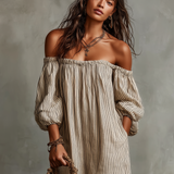 Carmen | Vestido longo de algodão e linho com ombros descobertos para Mulher