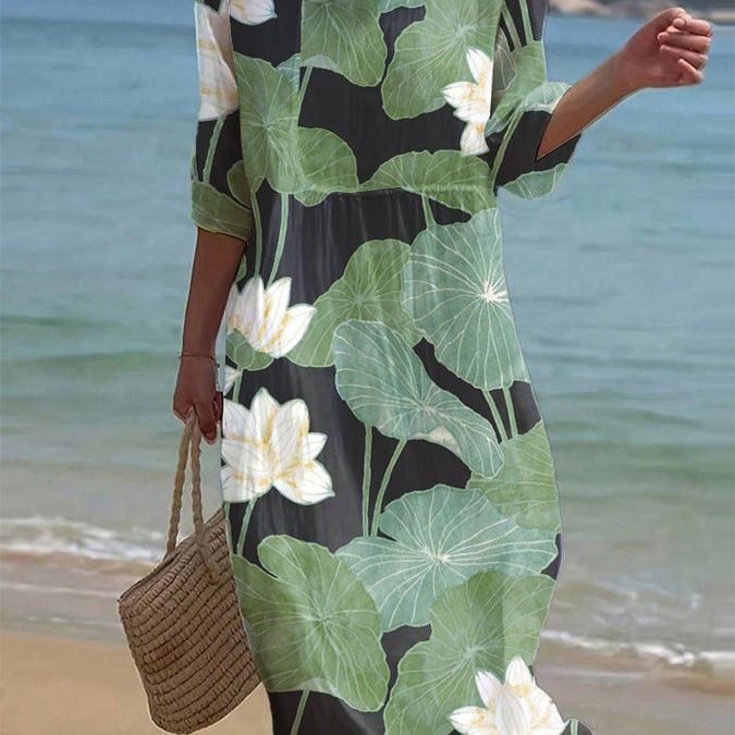 Carla - Vestido casual com gola redonda e mangas médias e estampa floral