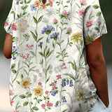 Camila - Camisa casual feminina em algodão e linho com estampado floral retro