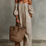 Carmen | Vestido longo de algodão e linho com ombros descobertos para Mulher