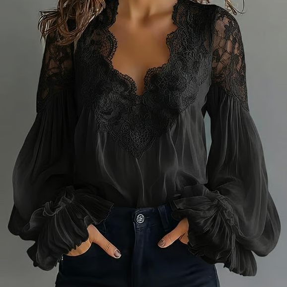 Laceva | Blusa com renda floral e mangas de lanterna para Mulher
