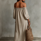 Carmen | Vestido longo de algodão e linho com ombros descobertos para Mulher