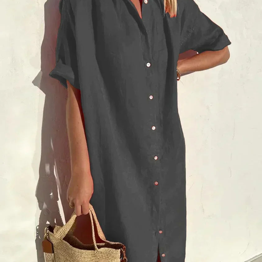 Delia - Vestido de senhora casual elegante com mangas compridas e fecho de botões Vestido em algodão e linho