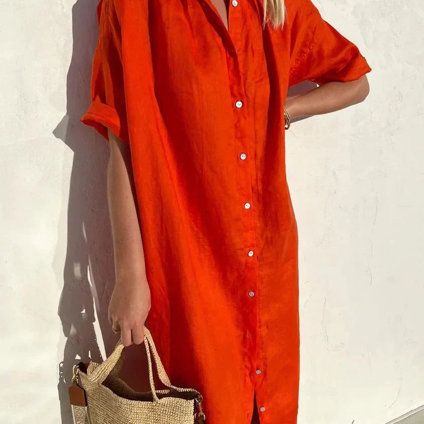 Delia - Vestido de senhora casual elegante com mangas compridas e fecho de botões Vestido em algodão e linho
