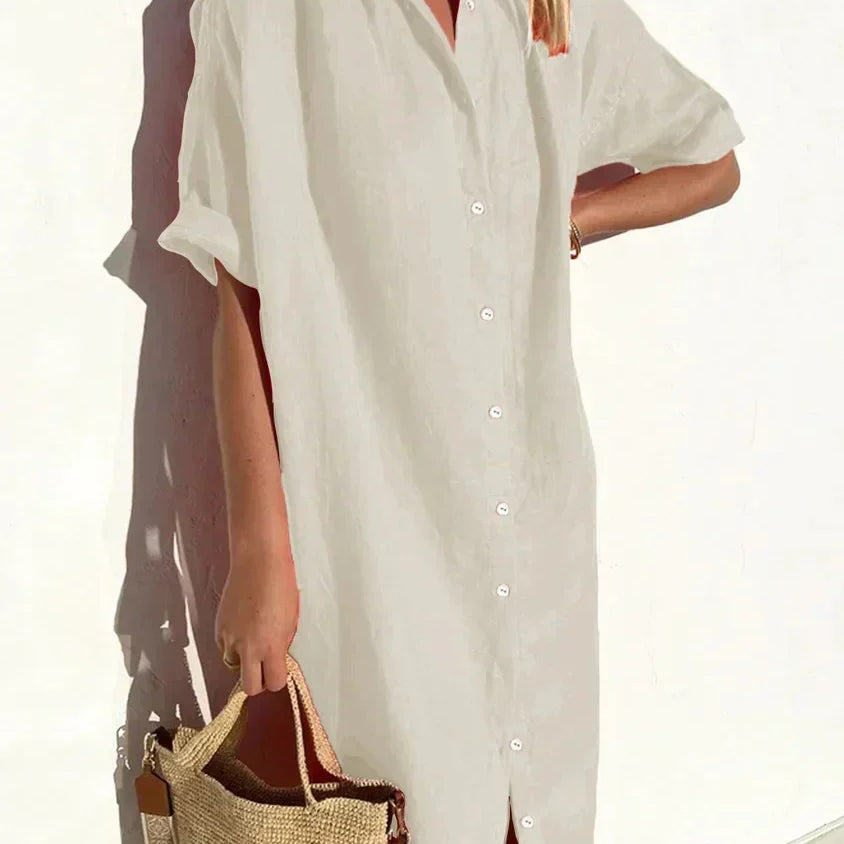 Delia - Vestido de senhora casual elegante com mangas compridas e fecho de botões Vestido em algodão e linho