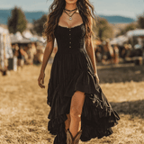 Dakota – Vestido longo preto sem mangas com babados e detalhes plissados