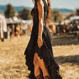 Dakota – Vestido longo preto sem mangas com babados e detalhes plissados