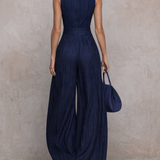 Olga - Conjunto Largo com Decote em Forma de Olho de Fechadura em Azul Escuro Listrado para Mulher