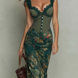 Ronda - Vestido Maxi com Estampado Floral e Renda Retro