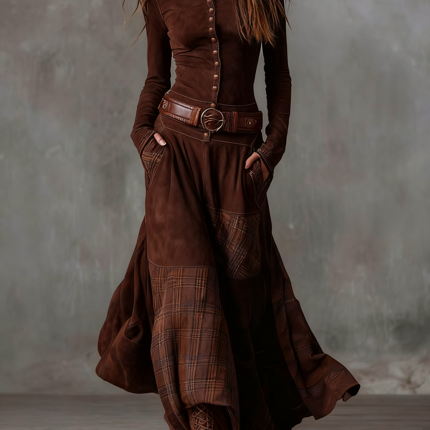 Azucena - Vestido maxi de camurça com cinto