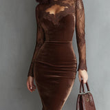 SOFIE | Robe Mini Velours Castanho com Renda Elegante