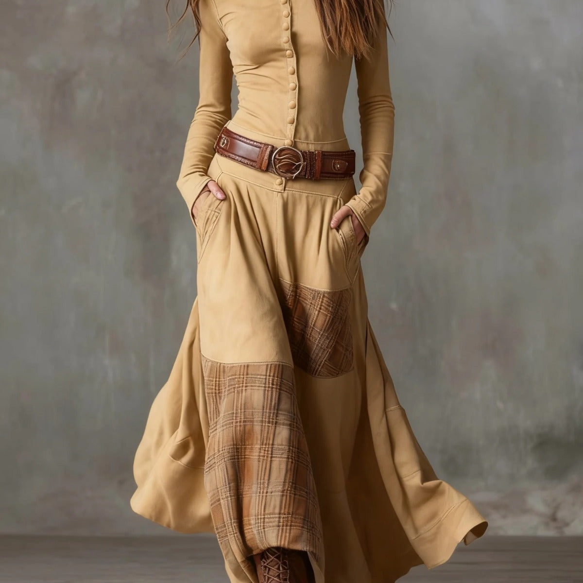Azucena - Vestido maxi de camurça com cinto