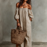 Carmen | Vestido longo de algodão e linho com ombros descobertos para Mulher