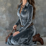 Naria | Vestido maxi de veludo para senhoras com mangas longas