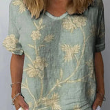 Camisa casual para mulher com estampado floral retro em algodão e linho